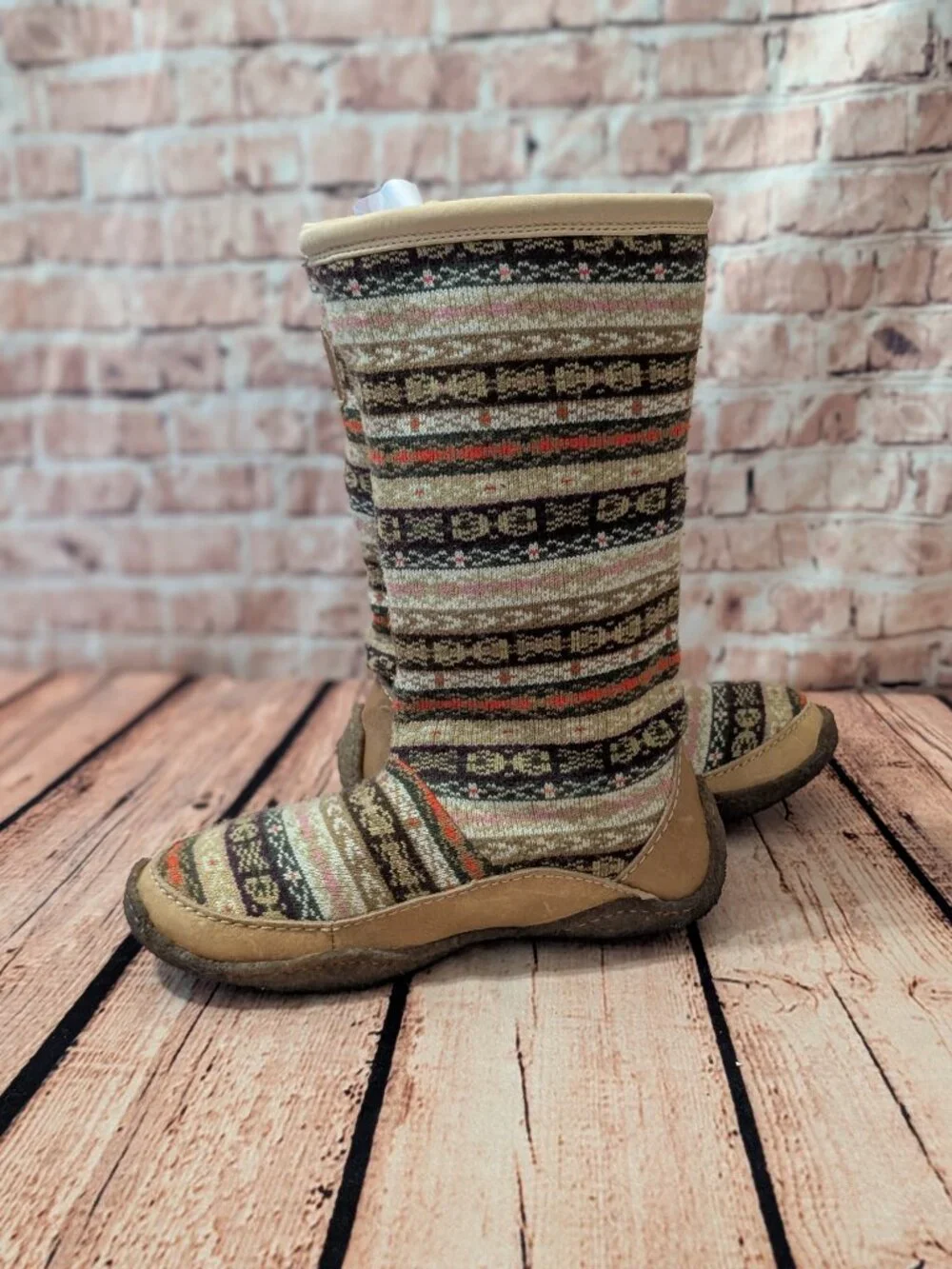 Sorel Norquay Patterned Tan Knit Mid-Calf Sweater Boots with Side Zip Size 8